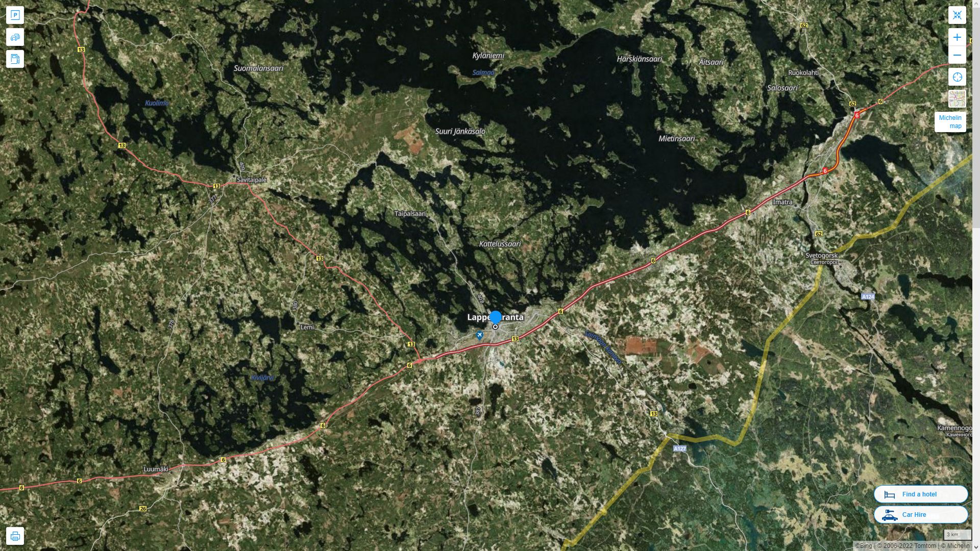 Lappeenranta Finlande Autoroute et carte routiere avec vue satellite